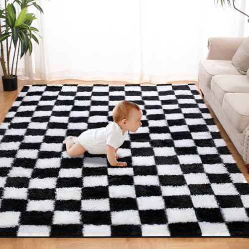 TOOHUB Super Soft Rug for Bedroom, 5x7 Ft Black and White Area Rug Classic Checkered Shaggy Anti-Skid High Pile Soft Fluffy Rug Fuzzy Carpet for Living Room Bedroom Kids Room Nursery, Dorm Home Decor - Image 1
