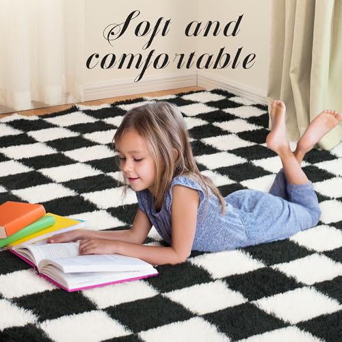 TOOHUB Super Soft Rug for Bedroom, 5x7 Ft Black and White Area Rug Classic Checkered Shaggy Anti-Skid High Pile Soft Fluffy Rug Fuzzy Carpet for Living Room Bedroom Kids Room Nursery, Dorm Home Decor - Image 5