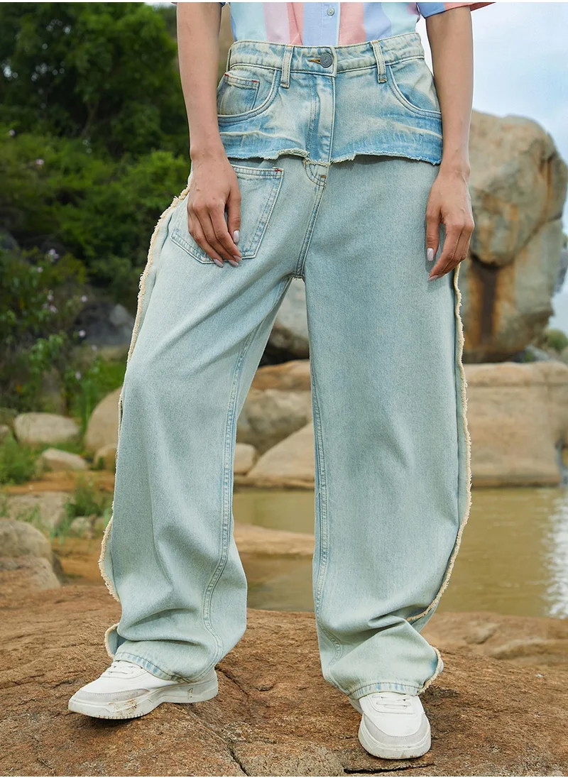 PINACOLADA Women's Light Blue Fringed Straight Denim Jeans