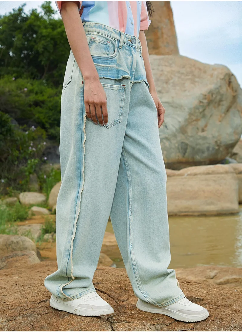 PINACOLADA Women's Light Blue Fringed Straight Denim Jeans