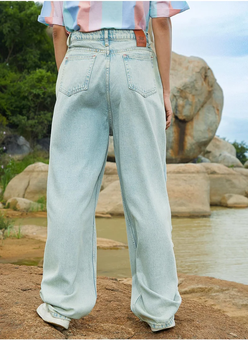 PINACOLADA Women's Light Blue Fringed Straight Denim Jeans
