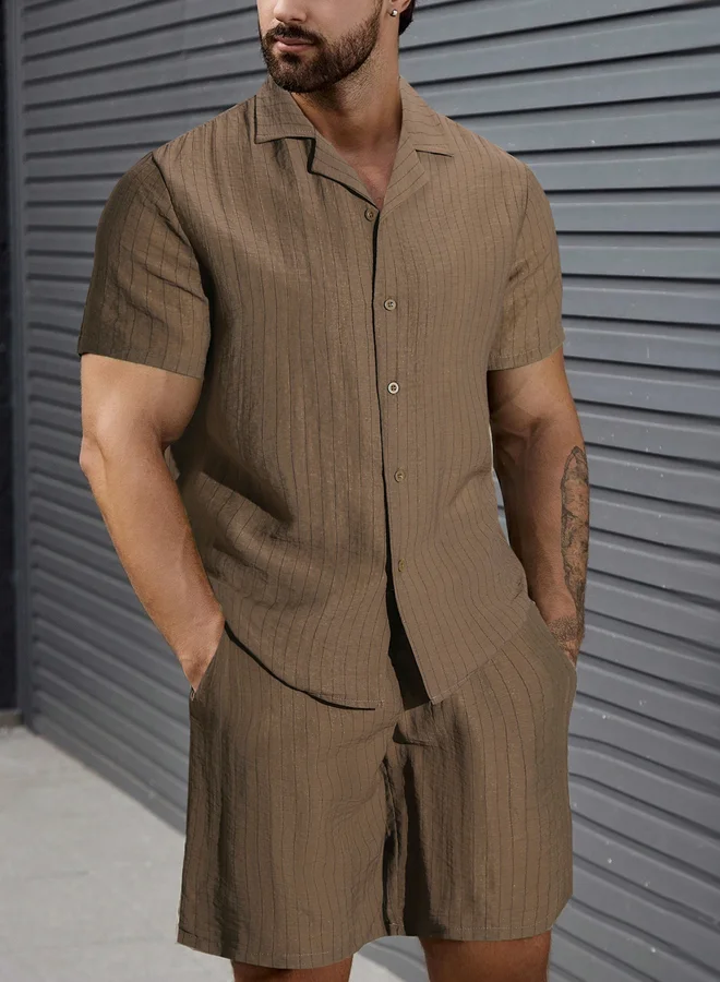 Take Two Men Brown Striped Short Sleeve Button Front Shirt and Shorts Co-Ords