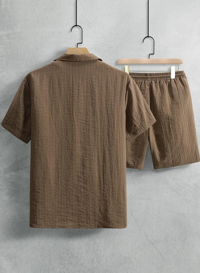 Take Two Men Brown Striped Short Sleeve Button Front Shirt and Shorts Co-Ords