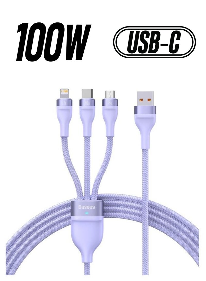 Baseus Fast Charging USB Type C 100W, Lightning Charge for iPhone 14 Pro Max, and Micro 18W, Data Cable 1.2M Compatible for Apple 13 12 11, MacBook, iPad, Samsung, Huawei, and More Purple - Image 1