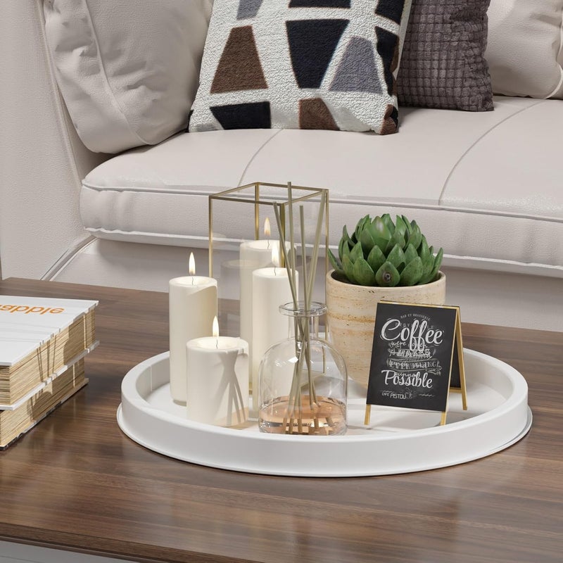 HGF Decorative Tray, 13 Inch Lightweight Metal Round Centerpiece Tray for Kitchen Island Countertop, Candle Coffee Table Tray, Totally White - Image 5