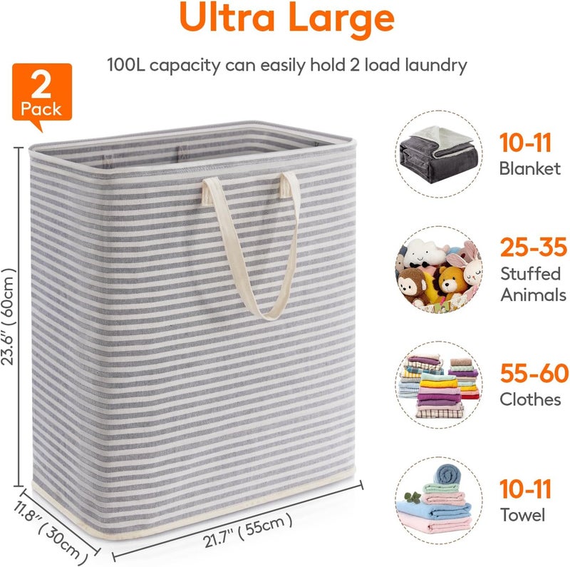 Lifewit 100L Freestanding Laundry Hamper, Collapsible Waterproof Large Laundry Basket with Easy Carry Extended Handles for Clothes, Towels, Toys, Grey, 2 Packs - Image 4