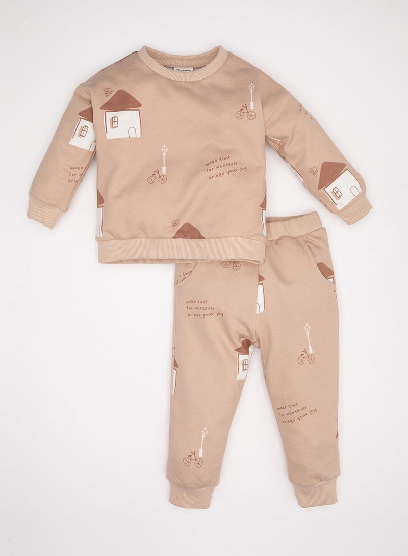 DeFacto Printed Crew Neck Sweatshirt Elastic Waist Jogger Pants 2-Piece Set - Image 1