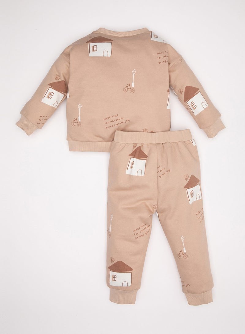 DeFacto Printed Crew Neck Sweatshirt Elastic Waist Jogger Pants 2-Piece Set - Image 2