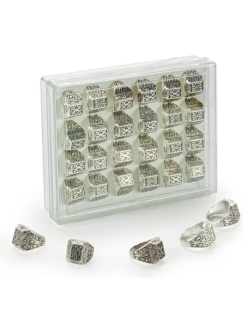 İhvan Online Hajj Umrah Gift 24 Pieces Patterned Silver Color Men's Ring