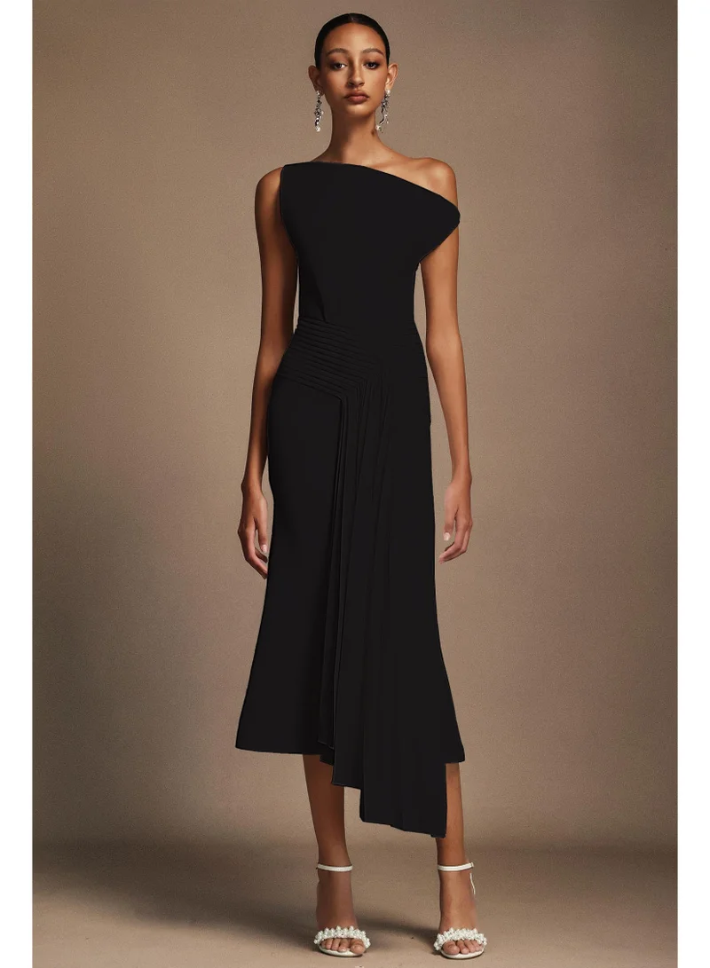 Bella Barnett Juny Oblique Shoulder Sleeveless Folds Midi Dress