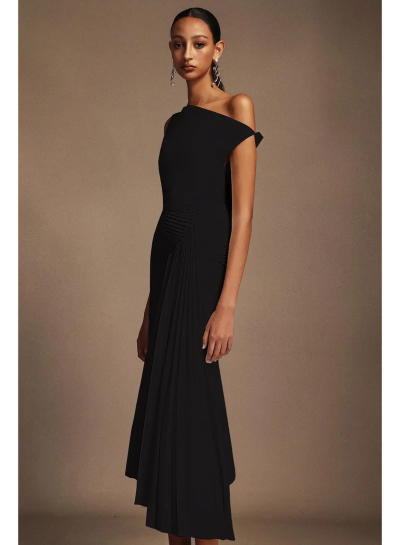 Bella Barnett Juny Oblique Shoulder Sleeveless Folds Midi Dress