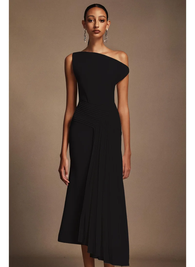 Bella Barnett Juny Oblique Shoulder Sleeveless Folds Midi Dress