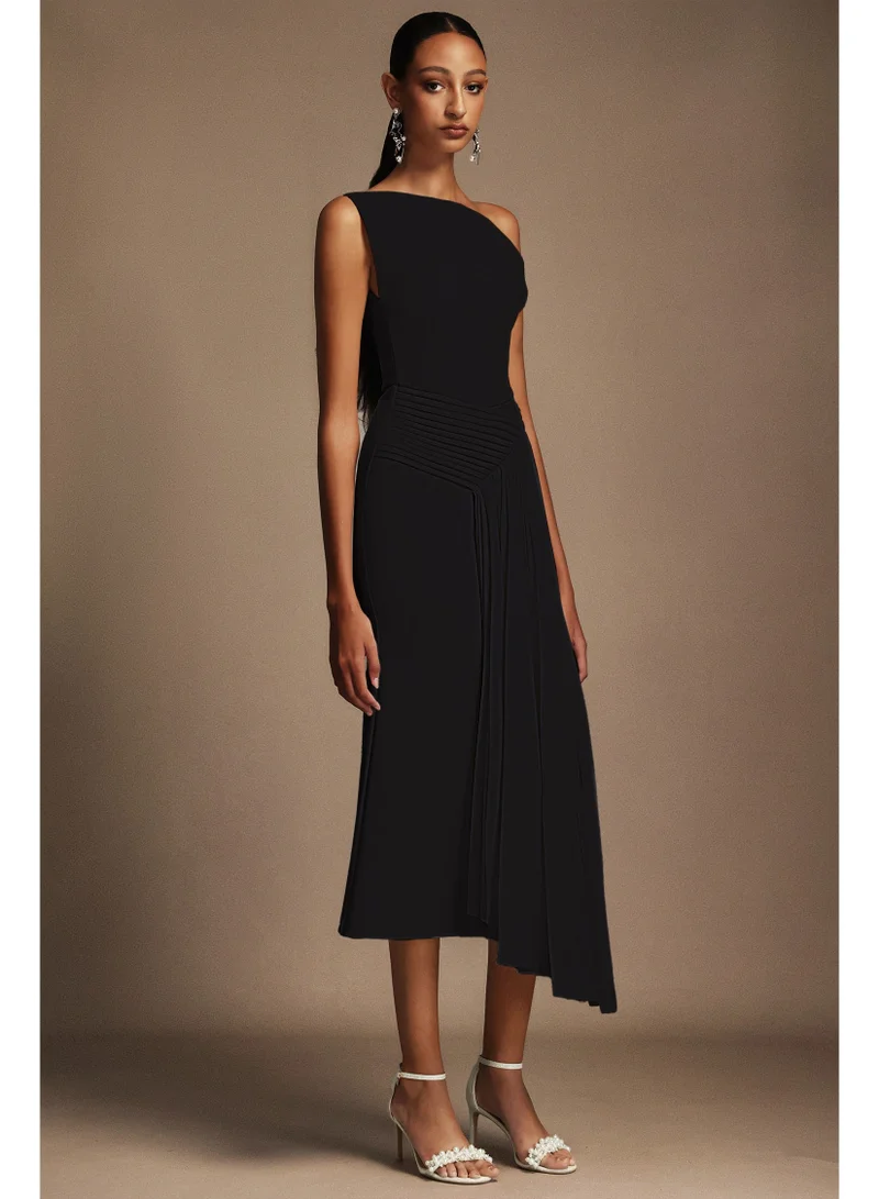 Bella Barnett Juny Oblique Shoulder Sleeveless Folds Midi Dress