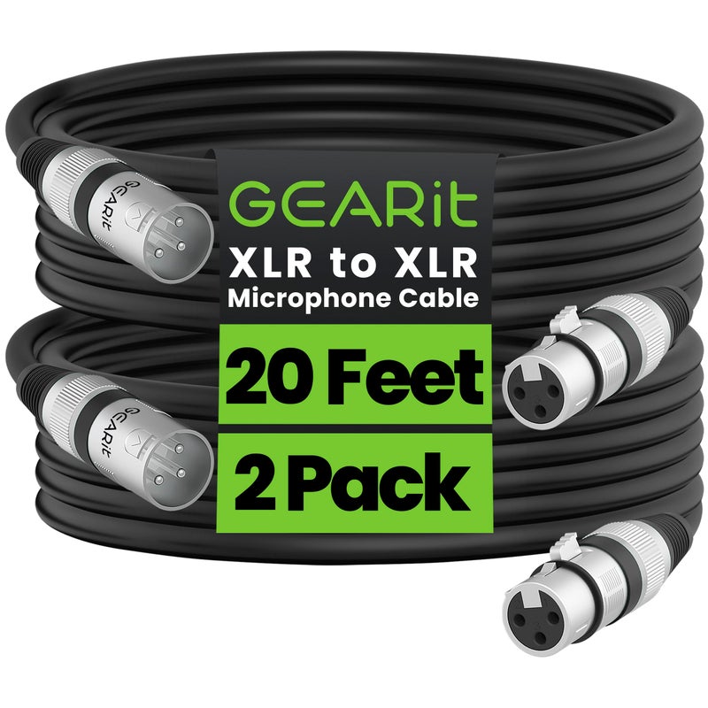 GEARit XLR Male to Female Microphone Cable (20 Feet, 2-Pack) 3-Pin Balanced Shielded Mixer, Recording Studio, Podcast - Black - Image 1