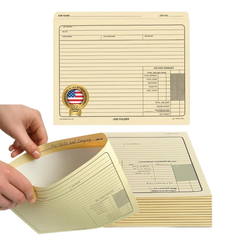 NextDayLabels - Job Folders Manila File Jacket 10â€ x 12â€ â€“ Heavy Duty - Preprinted to Track Job Progress, Calculating Cost, and Customer Correspondences - 50 Folders - Image 1