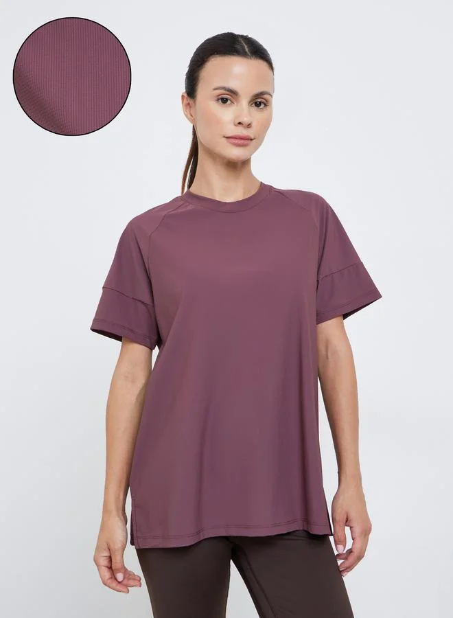 Styli Active Textured Side Slit Short Sleeves Top