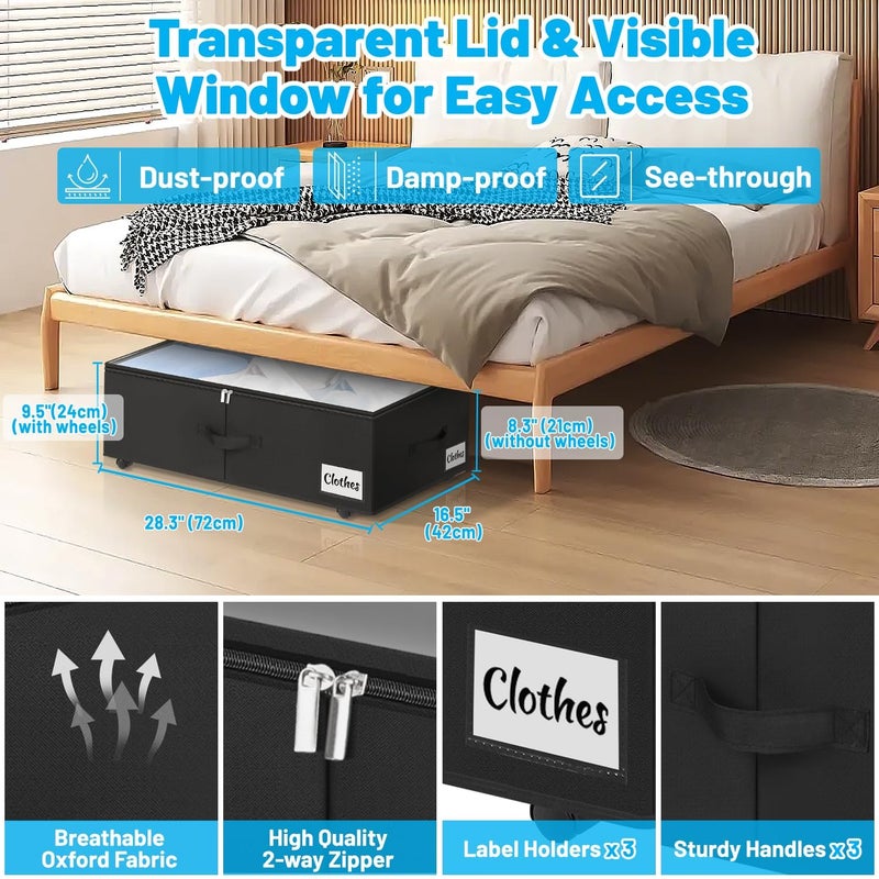 Kukikan Under Bed Storage with Wheels, 2-Pack 10" Height XXL 60L Rolling Storage Bins, Quick Assembly Underbed Shoe Storage Containers with Clear Lid & Label, Dorm Under bed Drawers for Clothes, Shoes, Black - Image 3