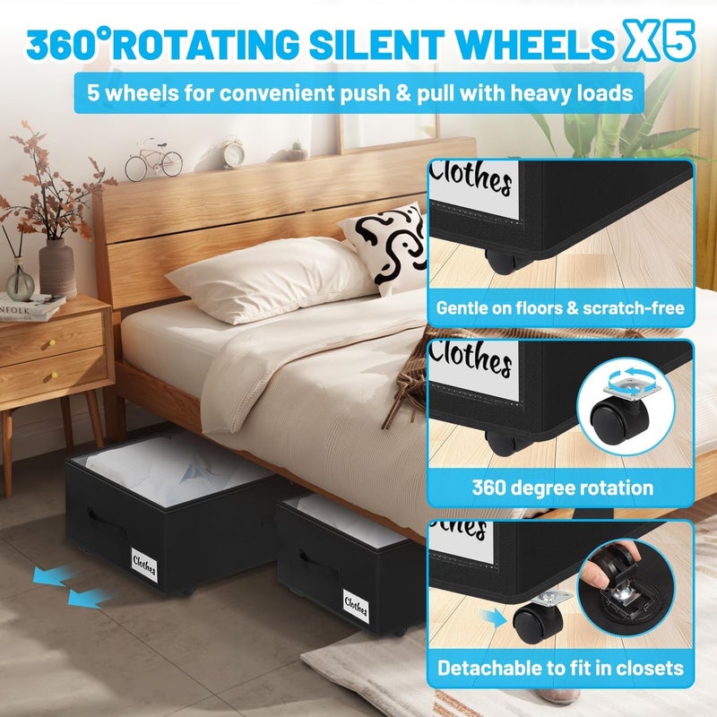 Kukikan Under Bed Storage with Wheels, 2-Pack 10" Height XXL 60L Rolling Storage Bins, Quick Assembly Underbed Shoe Storage Containers with Clear Lid & Label, Dorm Under bed Drawers for Clothes, Shoes, Black - Image 4