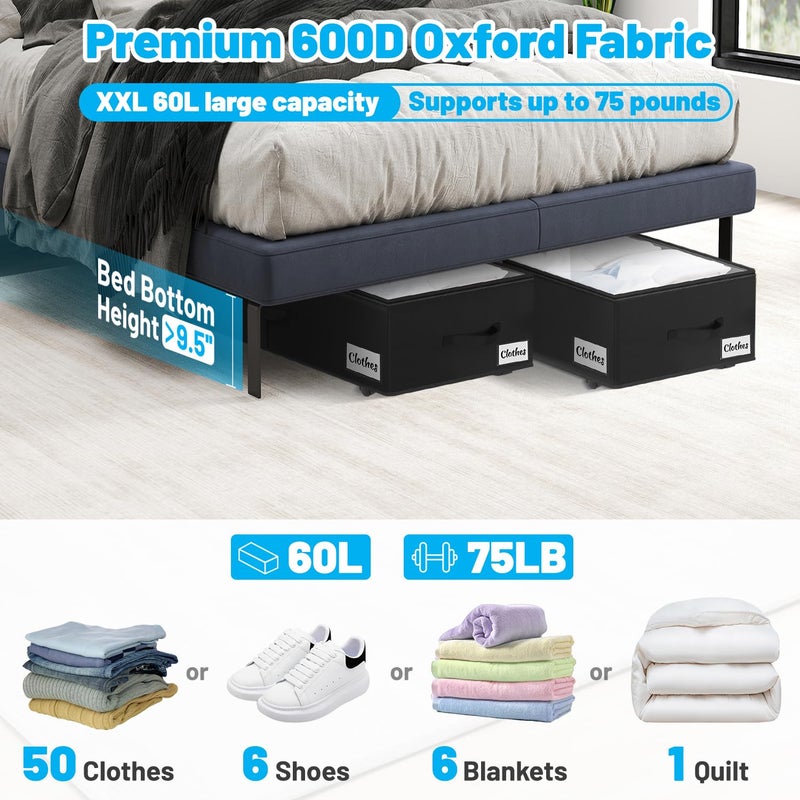 Kukikan Under Bed Storage with Wheels, 2-Pack 10" Height XXL 60L Rolling Storage Bins, Quick Assembly Underbed Shoe Storage Containers with Clear Lid & Label, Dorm Under bed Drawers for Clothes, Shoes, Black - Image 2