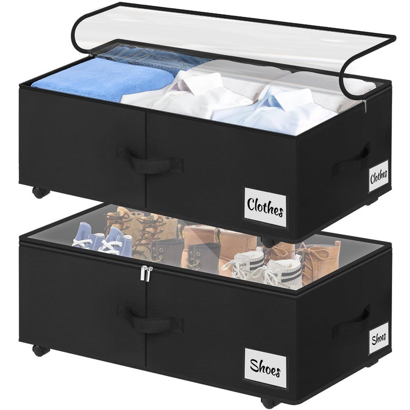 Kukikan Under Bed Storage with Wheels, 2-Pack 10" Height XXL 60L Rolling Storage Bins, Quick Assembly Underbed Shoe Storage Containers with Clear Lid & Label, Dorm Under bed Drawers for Clothes, Shoes, Black - Image 1