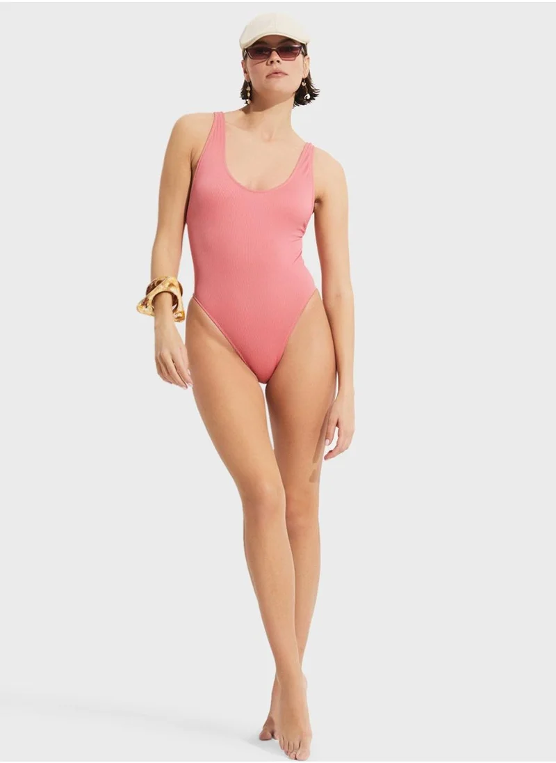 جون Square Neck Ribbed Swimshit