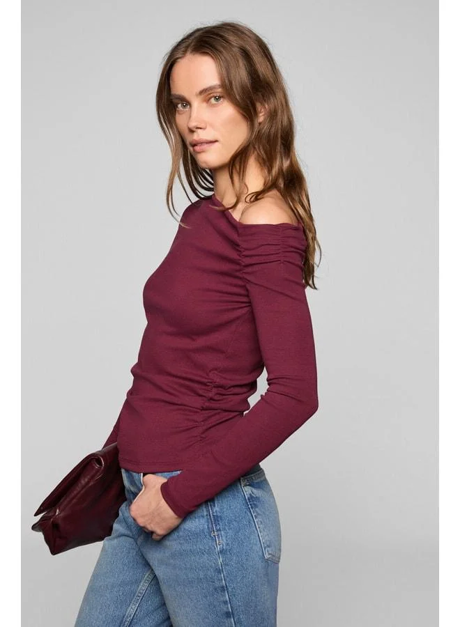 Grimelange SISSI Women's Organic Cotton Asymmetrical Collar Pleated Flexible Fabric Burgundy Blouse.