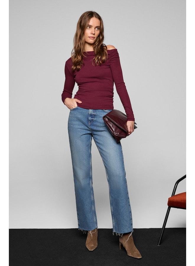 GRIMELANGE SISSI Women's Organic Cotton Asymmetrical Collar Pleated Flexible Fabric Burgundy Blouse. - Image 3