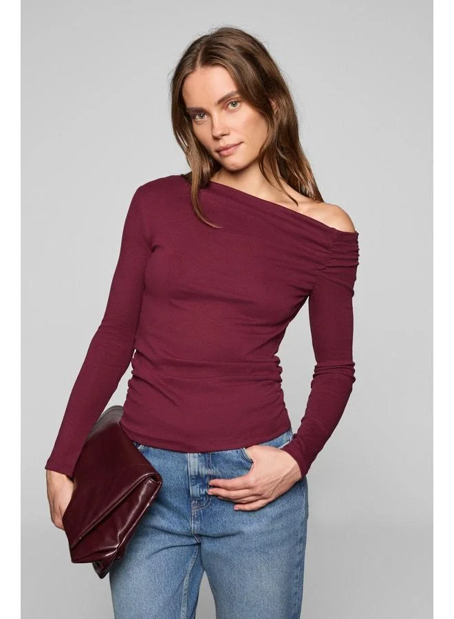 Grimelange SISSI Women's Organic Cotton Asymmetrical Collar Pleated Flexible Fabric Burgundy Blouse.