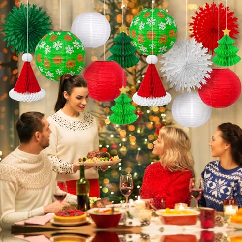 MEIDUO 14PCS Christmas Honeycomb Hanging Paper Lantern Decorations Set Pine Tree Star Christmas Hat Red Green White Snowflake Lanterns Paper Fans for Christmas Party Home Decoration Supplies - Image 3