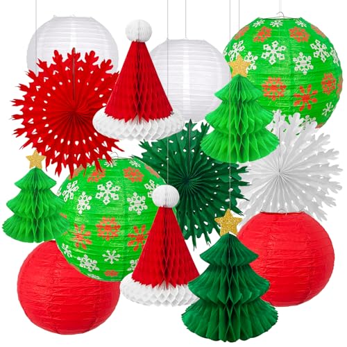 MEIDUO 14PCS Christmas Honeycomb Hanging Paper Lantern Decorations Set Pine Tree Star Christmas Hat Red Green White Snowflake Lanterns Paper Fans for Christmas Party Home Decoration Supplies - Image 1