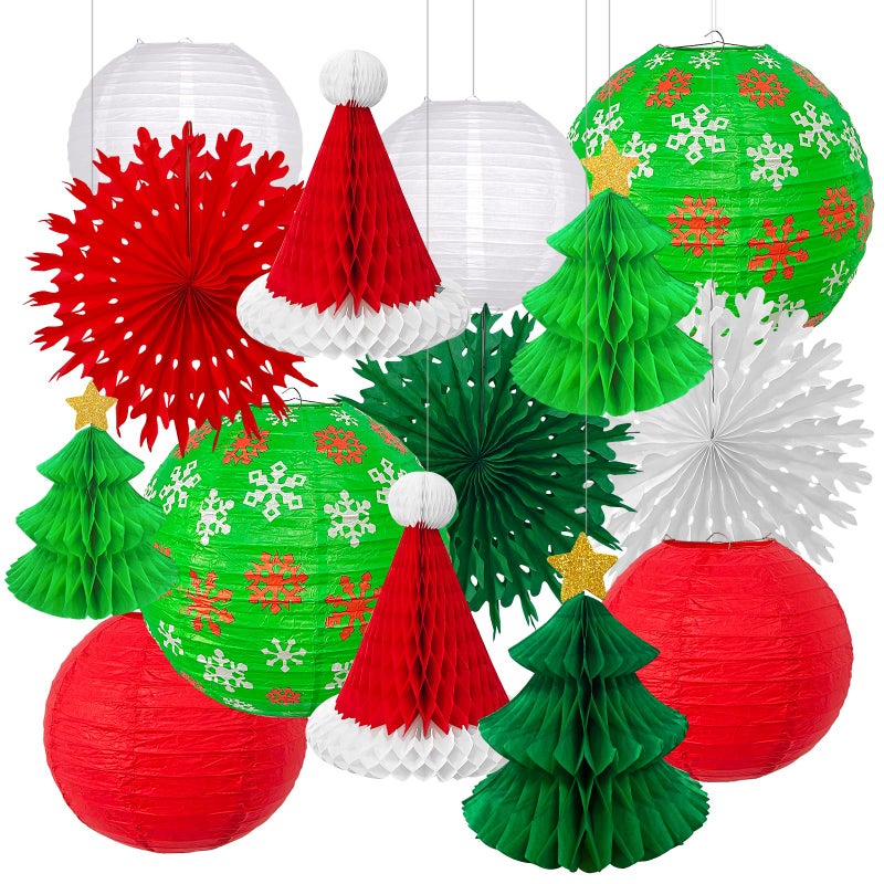 MEIDUO 14PCS Christmas Honeycomb Hanging Paper Lantern Decorations Set Pine Tree Star Christmas Hat Red Green White Snowflake Lanterns Paper Fans for Christmas Party Home Decoration Supplies - Image 2