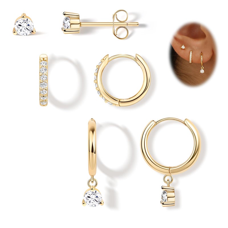 Poxtex 14K Gold Small Huggie Hoop Earrings Set for Women Hypoallergenic Studs for Cartilage and Helix Cute Dainty Dangles Stackable Lightweight Trendy Diamond Jewelry Gift for Her - Image 1
