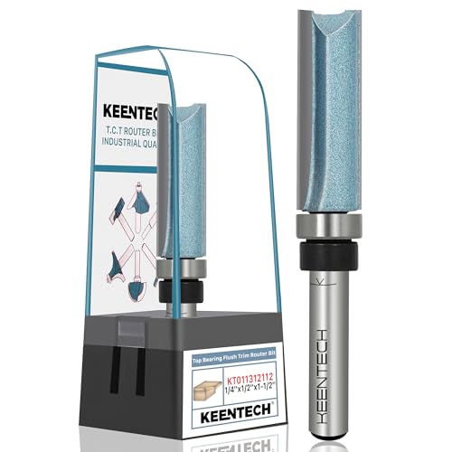 KEENTECH Router Bits 1/4" Shank, Flush Trim Router Bit, Top Bearing Carbide Tipped Pattern Bit, Template Straight Heavy Duty Woodworking Trimming Cutting Tool for Wood, 1/2" Diameter, 1-1/2" Depth - Image 1