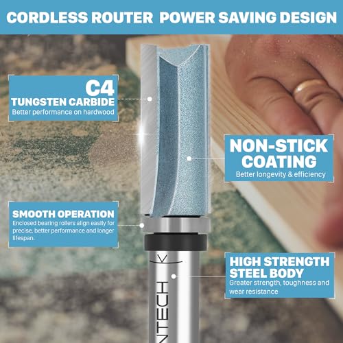 KEENTECH Router Bits 1/4" Shank, Flush Trim Router Bit, Top Bearing Carbide Tipped Pattern Bit, Template Straight Heavy Duty Woodworking Trimming Cutting Tool for Wood, 1/2" Diameter, 1-1/2" Depth - Image 3