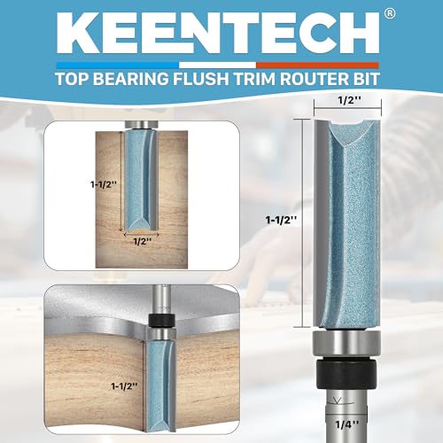 KEENTECH Router Bits 1/4" Shank, Flush Trim Router Bit, Top Bearing Carbide Tipped Pattern Bit, Template Straight Heavy Duty Woodworking Trimming Cutting Tool for Wood, 1/2" Diameter, 1-1/2" Depth - Image 2
