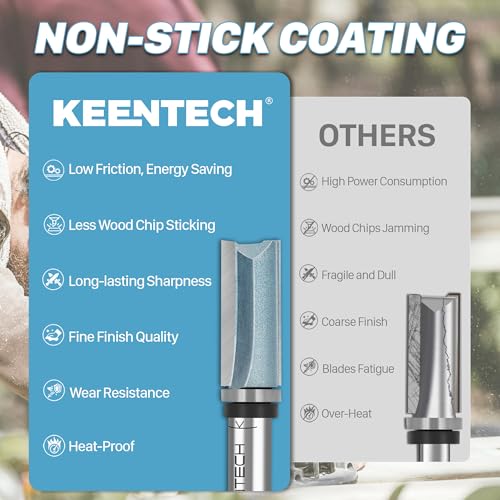 KEENTECH Router Bits 1/4" Shank, Flush Trim Router Bit, Top Bearing Carbide Tipped Pattern Bit, Template Straight Heavy Duty Woodworking Trimming Cutting Tool for Wood, 1/2" Diameter, 1-1/2" Depth - Image 5