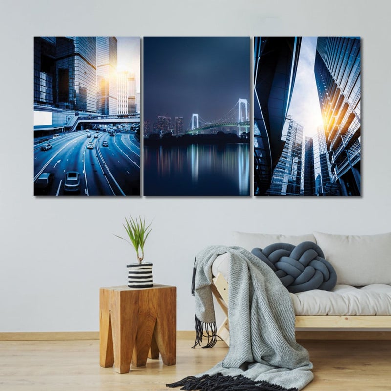 Marktna Three modern canvas paintings with an abstract design and a hollow frame, measuring (90×40), three pieces - Image 1