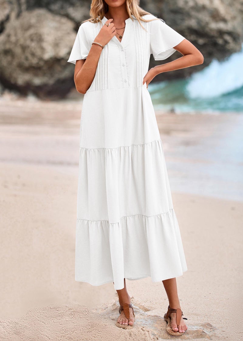 KIRUNDO Summer Maxi Dresses for Women 2026 Spring Fashion Short Sleeve Button V Neck Pleated Loose Tiered Swing Flowy Dress(White, Medium) - Image 4