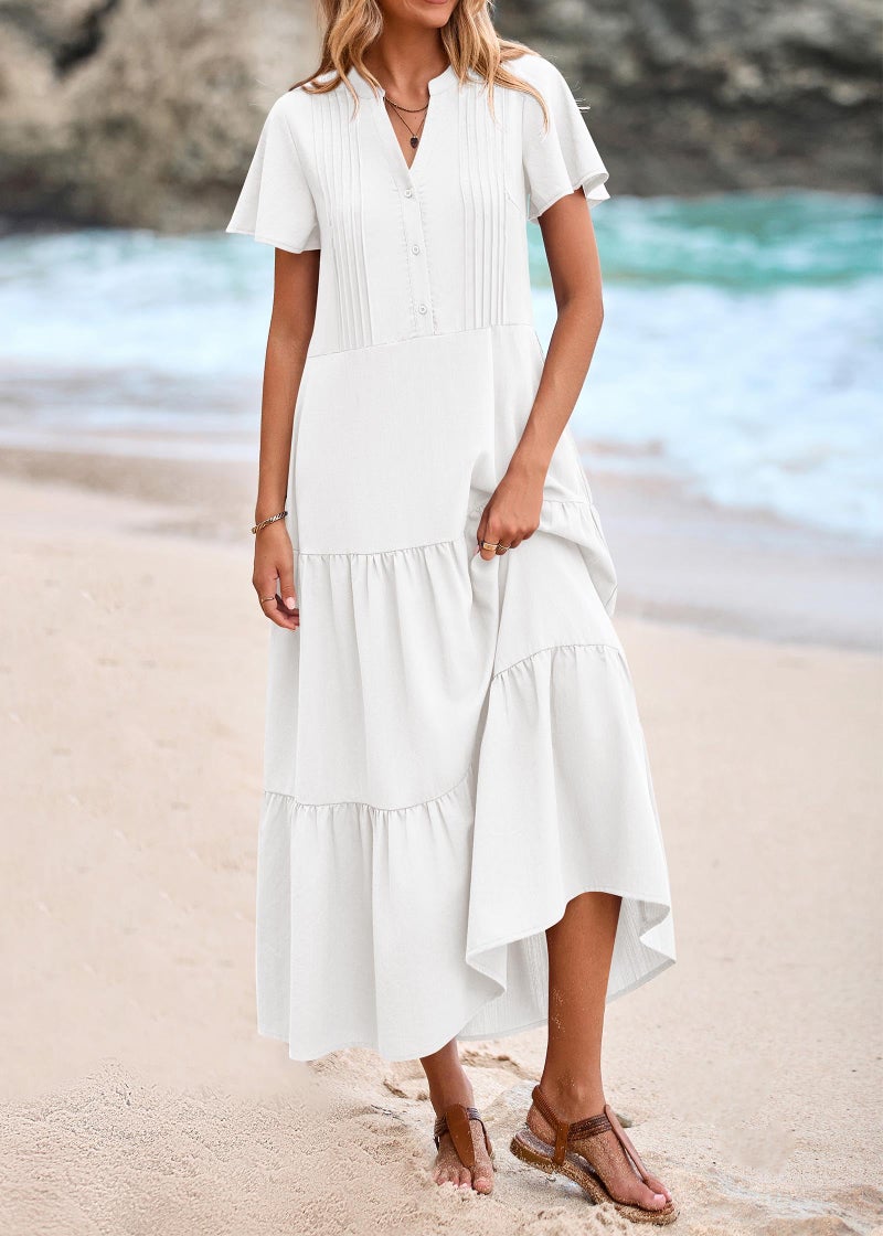 KIRUNDO Summer Maxi Dresses for Women 2026 Spring Fashion Short Sleeve Button V Neck Pleated Loose Tiered Swing Flowy Dress(White, Medium) - Image 3