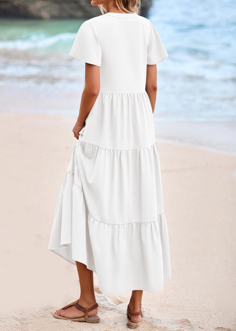 KIRUNDO Summer Maxi Dresses for Women 2026 Spring Fashion Short Sleeve Button V Neck Pleated Loose Tiered Swing Flowy Dress(White, Medium) - Image 2