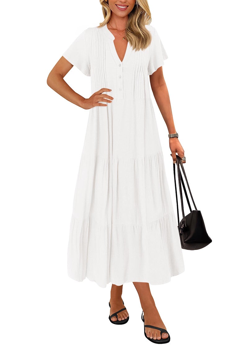 KIRUNDO Summer Maxi Dresses for Women 2026 Spring Fashion Short Sleeve Button V Neck Pleated Loose Tiered Swing Flowy Dress(White, Medium) - Image 1