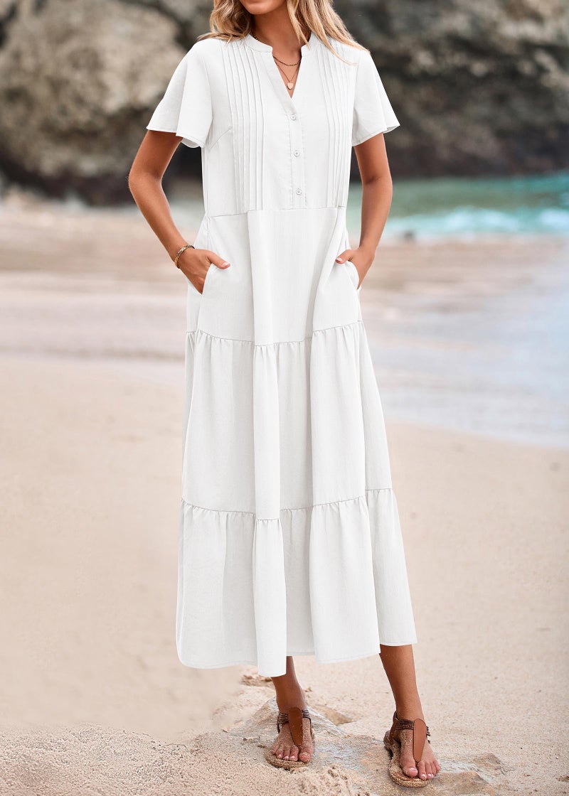 KIRUNDO Summer Maxi Dresses for Women 2026 Spring Fashion Short Sleeve Button V Neck Pleated Loose Tiered Swing Flowy Dress(White, Medium) - Image 5