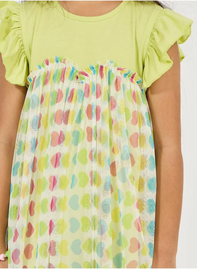Styli Heart Print Mesh Insert Dress
