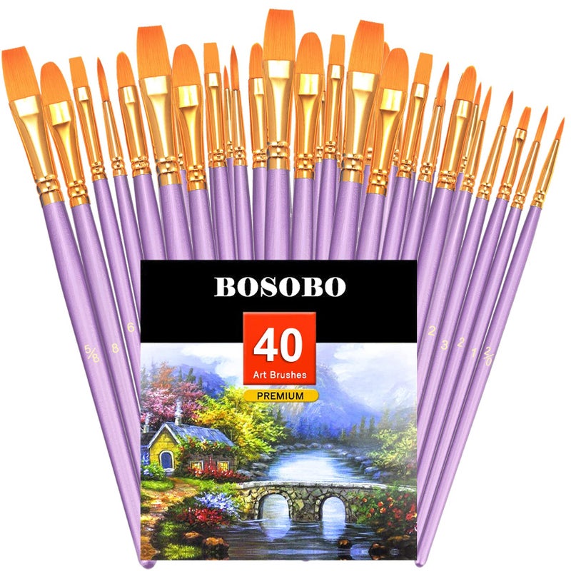 BOSOBO Paint Brushes Set 4 Pack 40 Pcs Round Pointed Tip Paintbrushes Nylon Hair Artist Acrylic Paint Brushes for Acrylic Oil Watercolor Face Nail Art Miniature Detailing Rock Painting Purple