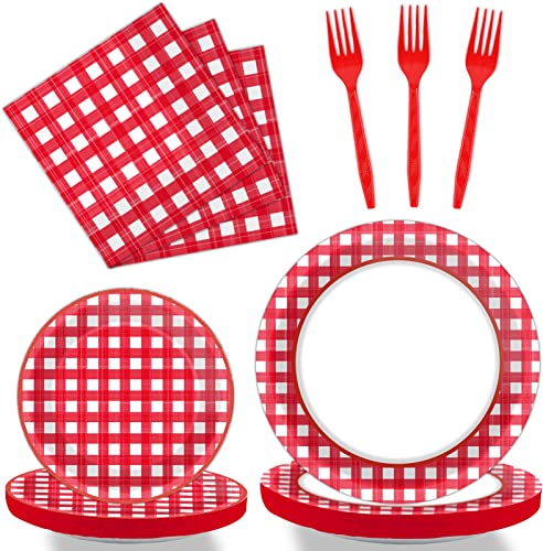 Tevxj 96 PCS Picnic Party Plates Red and White Gingham Checkered Plaid Party Tableware Barbecue Disposable Paper Plates Napkins Forks Birthday Party Decorations Supplies Favors for 24 Guests