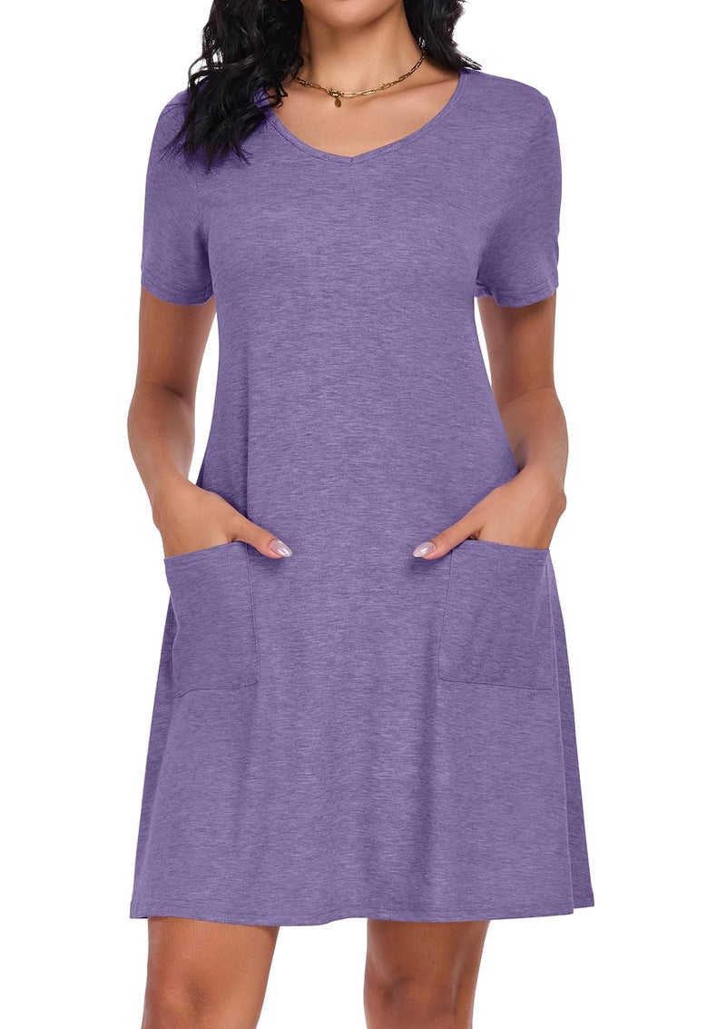 CHICGAL Summer Dresses for Women V Neck Short Sleeve Casual Loose T Shirt Sundress Beach Cover Ups with Pockets(Light Purple, L) - Image 2