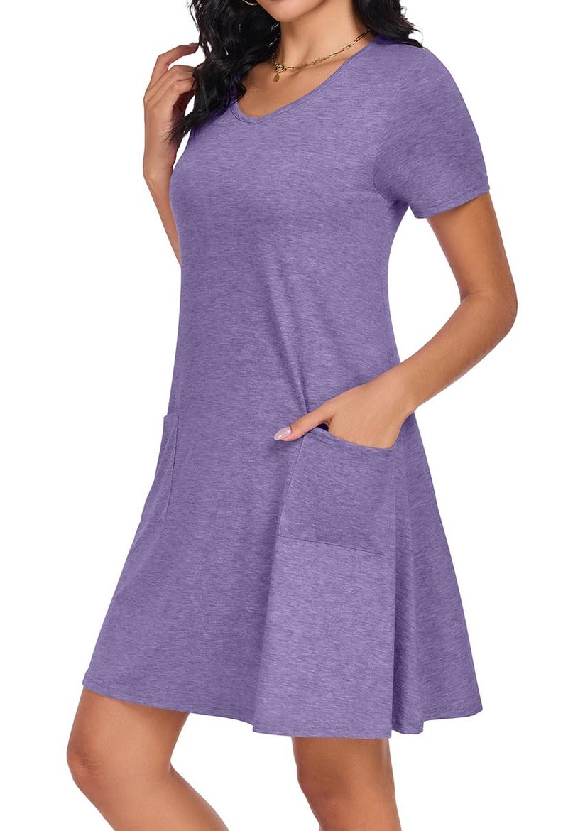 CHICGAL Summer Dresses for Women V Neck Short Sleeve Casual Loose T Shirt Sundress Beach Cover Ups with Pockets(Light Purple, L) - Image 3