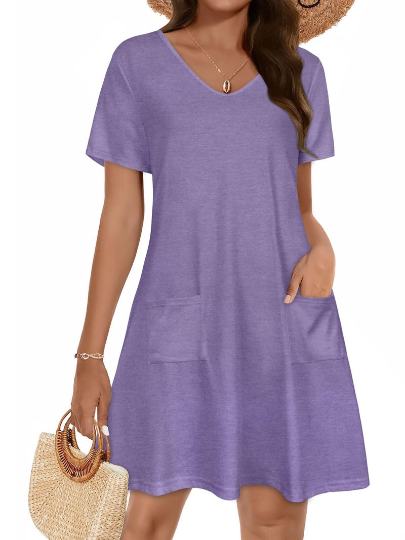 CHICGAL Summer Dresses for Women V Neck Short Sleeve Casual Loose T Shirt Sundress Beach Cover Ups with Pockets(Light Purple, L) - Image 1