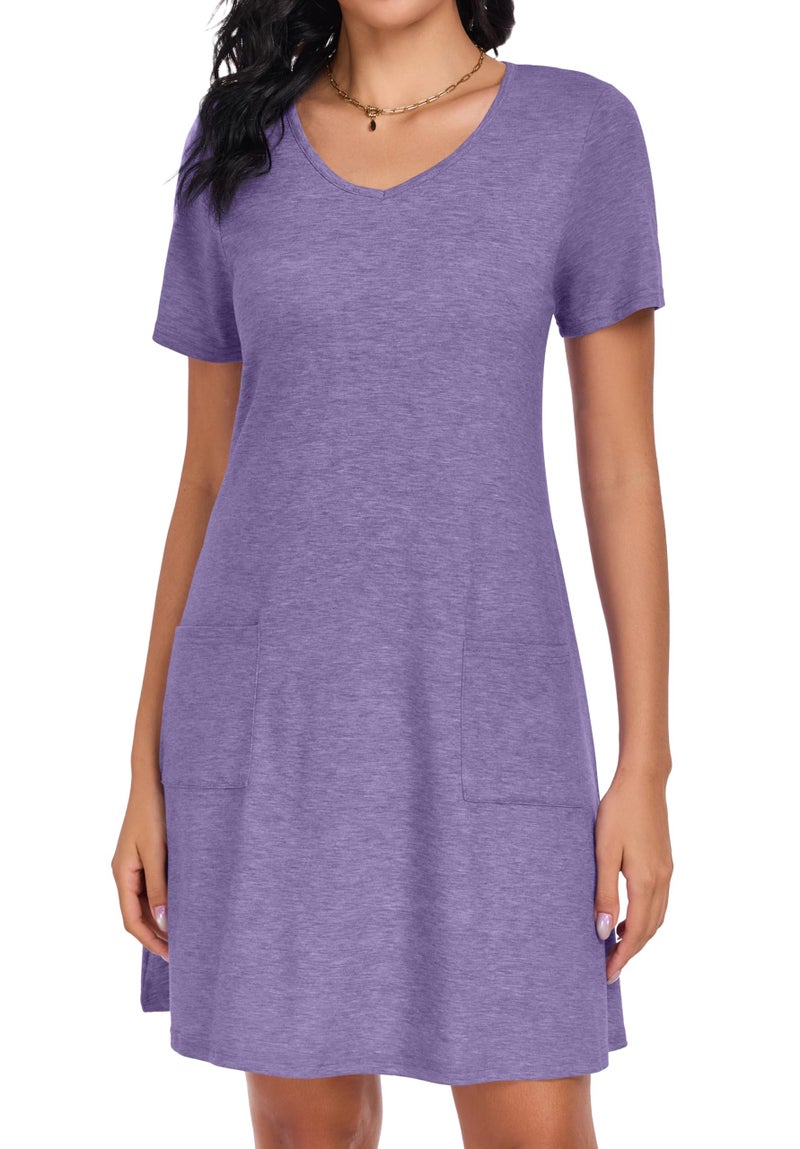 CHICGAL Summer Dresses for Women V Neck Short Sleeve Casual Loose T Shirt Sundress Beach Cover Ups with Pockets(Light Purple, L) - Image 5