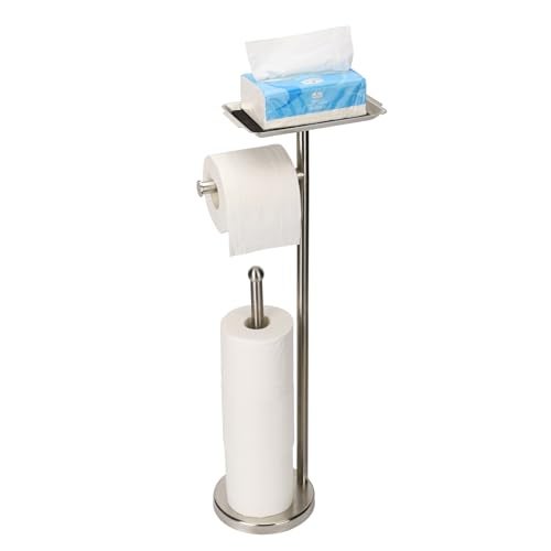 Exilon Toilet Paper Holder Stand for Bathroom Floor Freestanding Toilet Roll Dispenser Storages 4 Reserve Rolls, with Top Storage Shelf for Cell Phone (Brushed Nickel) - Image 1